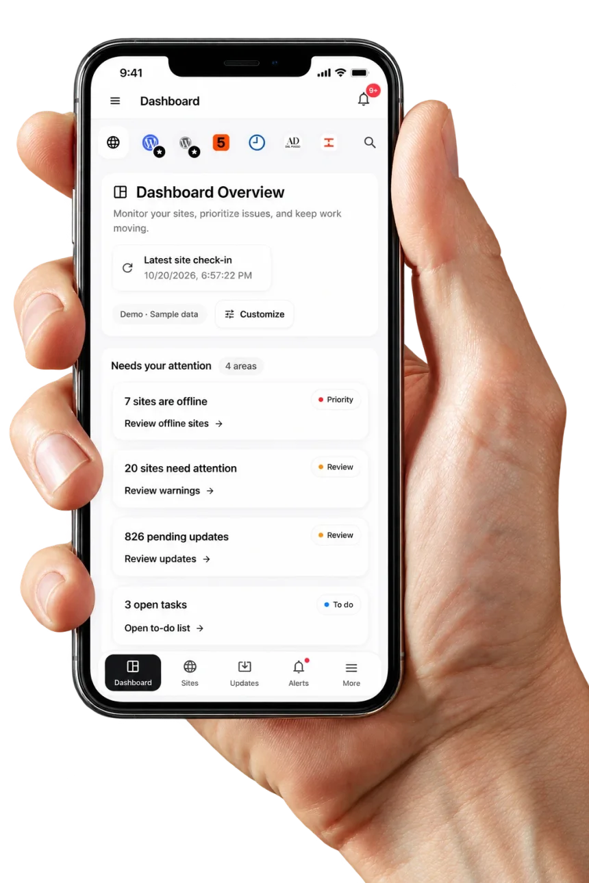 The CMDPress dashboard on a phone, showing sites that need attention