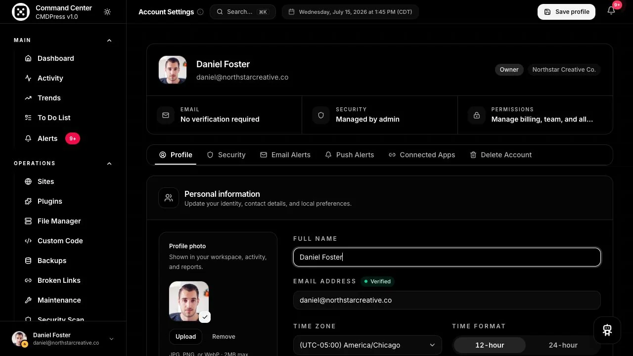 CMDPress Account settings screen
