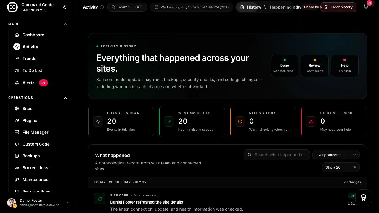 CMDPress Activity history screen