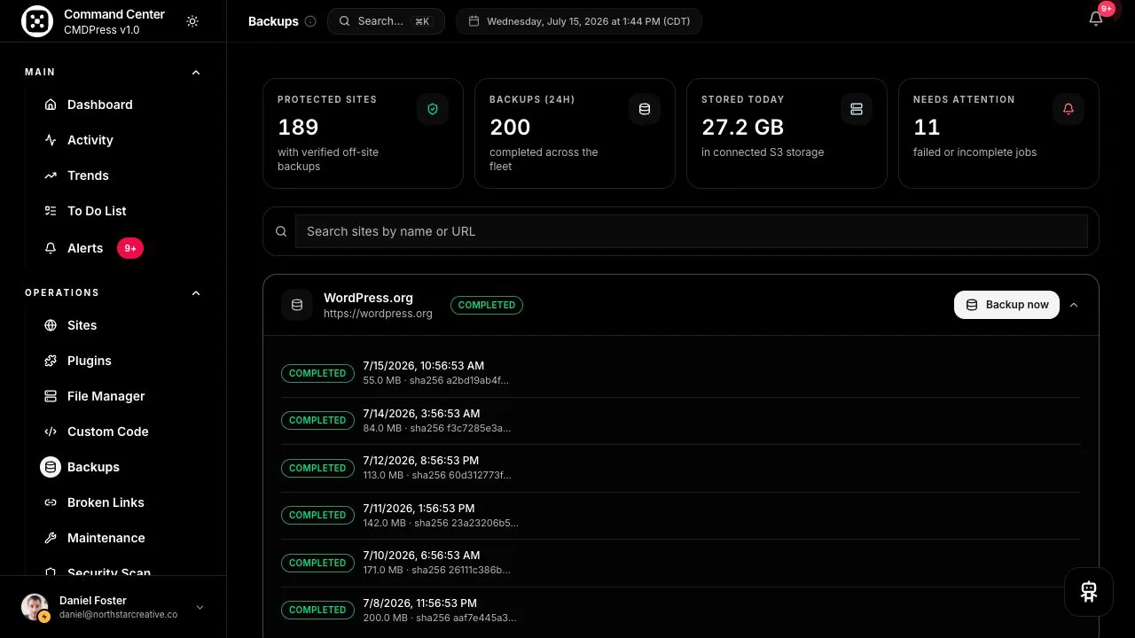 CMDPress Backup oversight screen