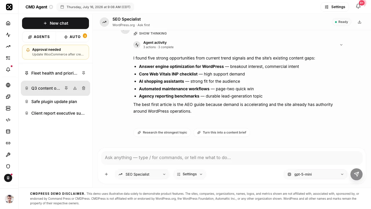 CMDPress AI agent workspace for WordPress operations