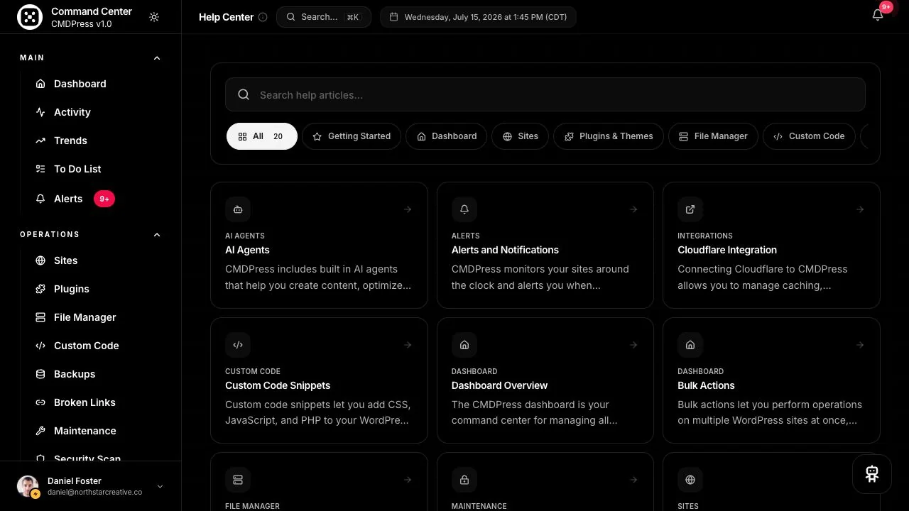 CMDPress Help center screen