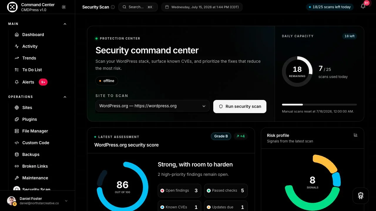 CMDPress security command center for managed WordPress sites