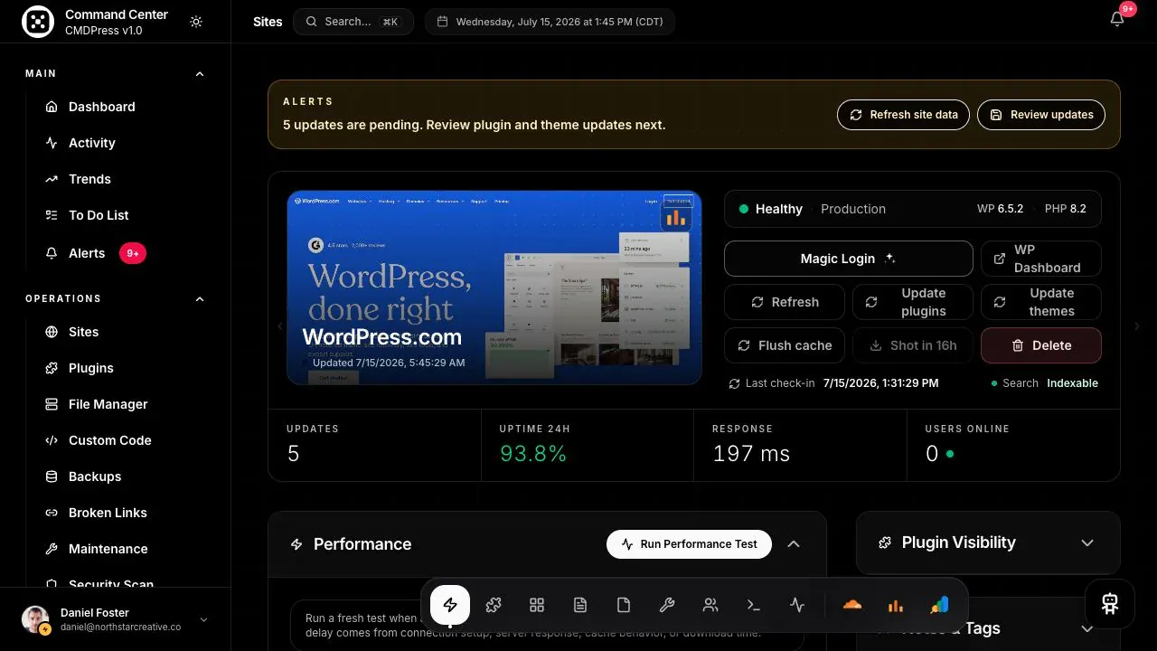 CMDPress connected WordPress site performance controls