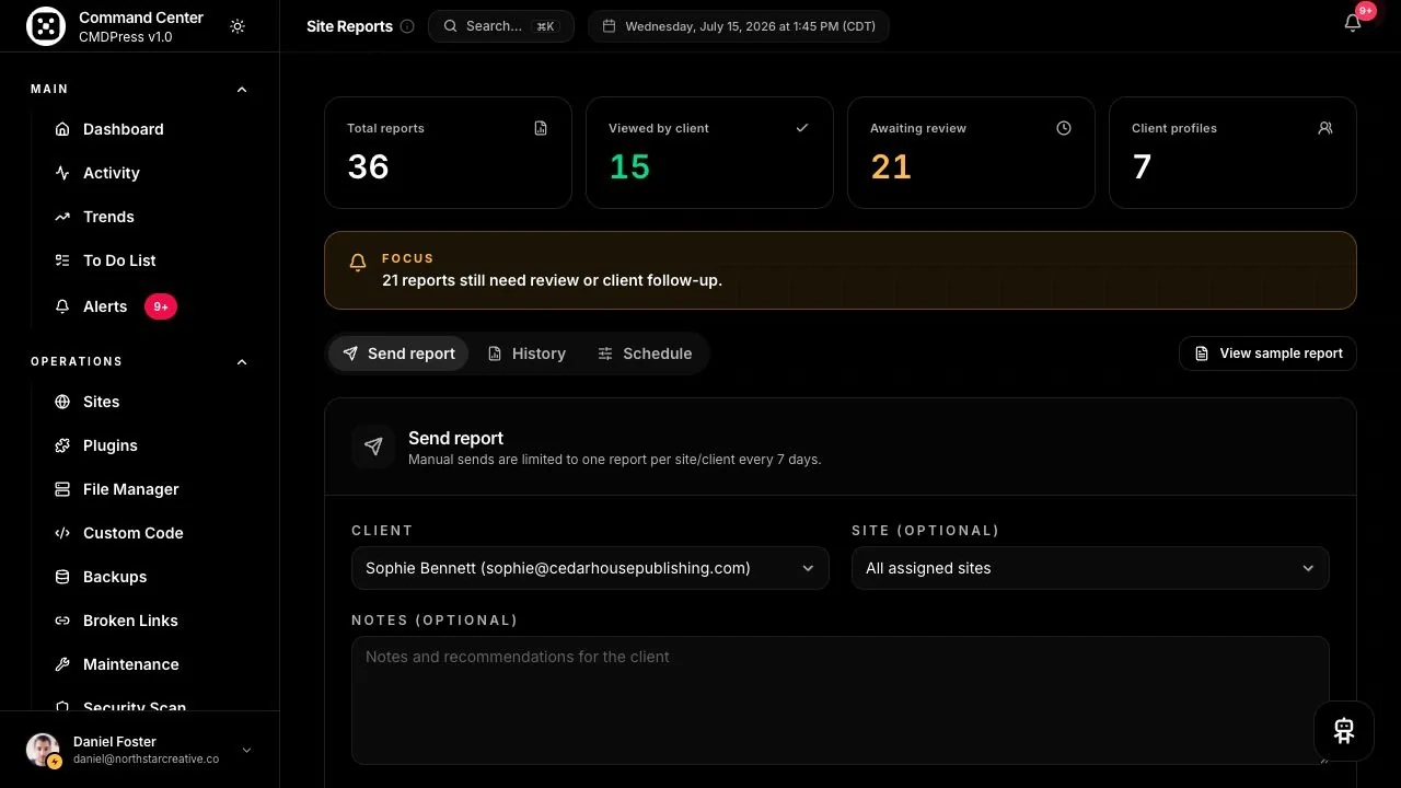 CMDPress branded WordPress client reports screen