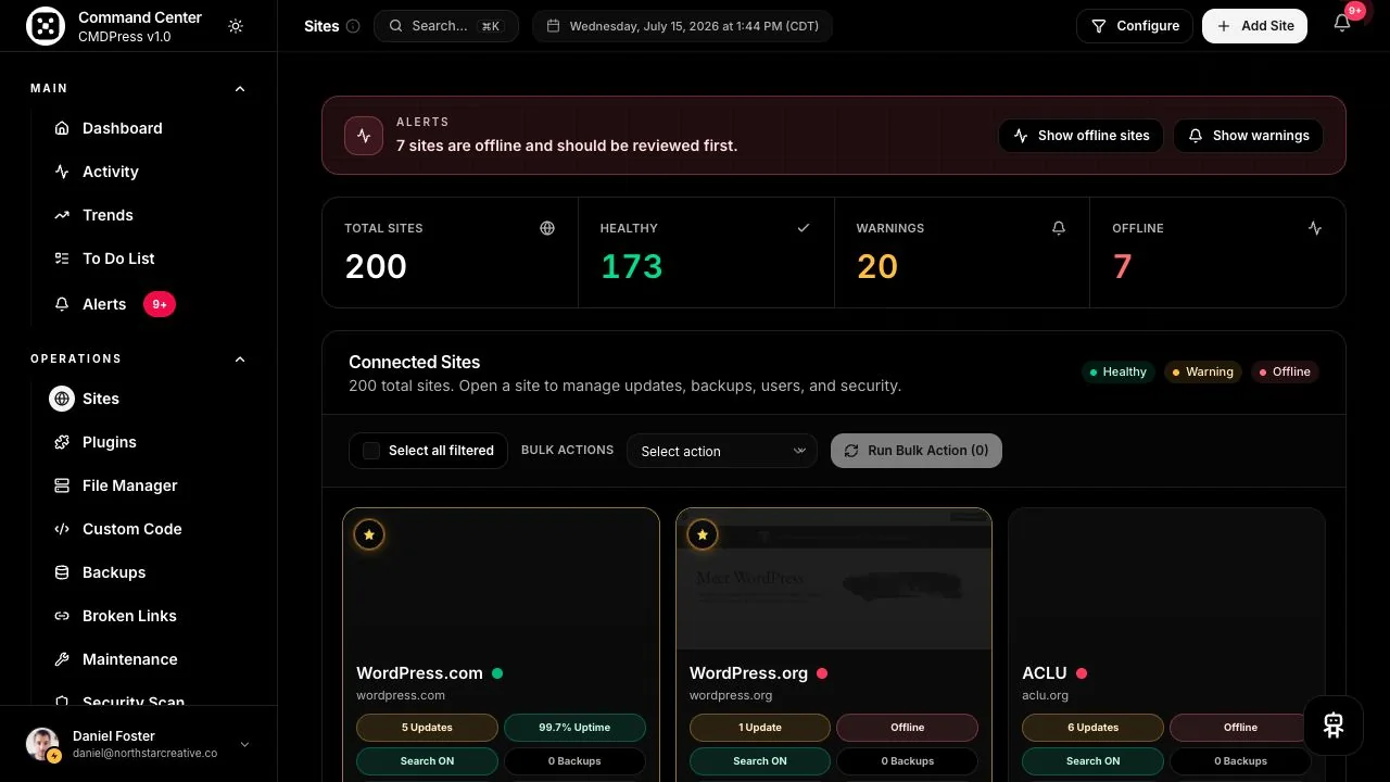CMDPress connected WordPress sites and bulk management screen