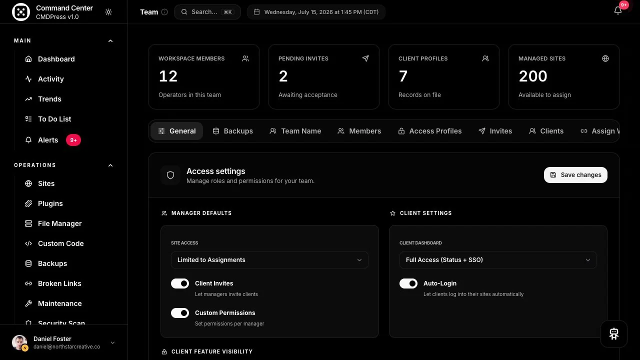 CMDPress team access, client profiles, and managed site assignments