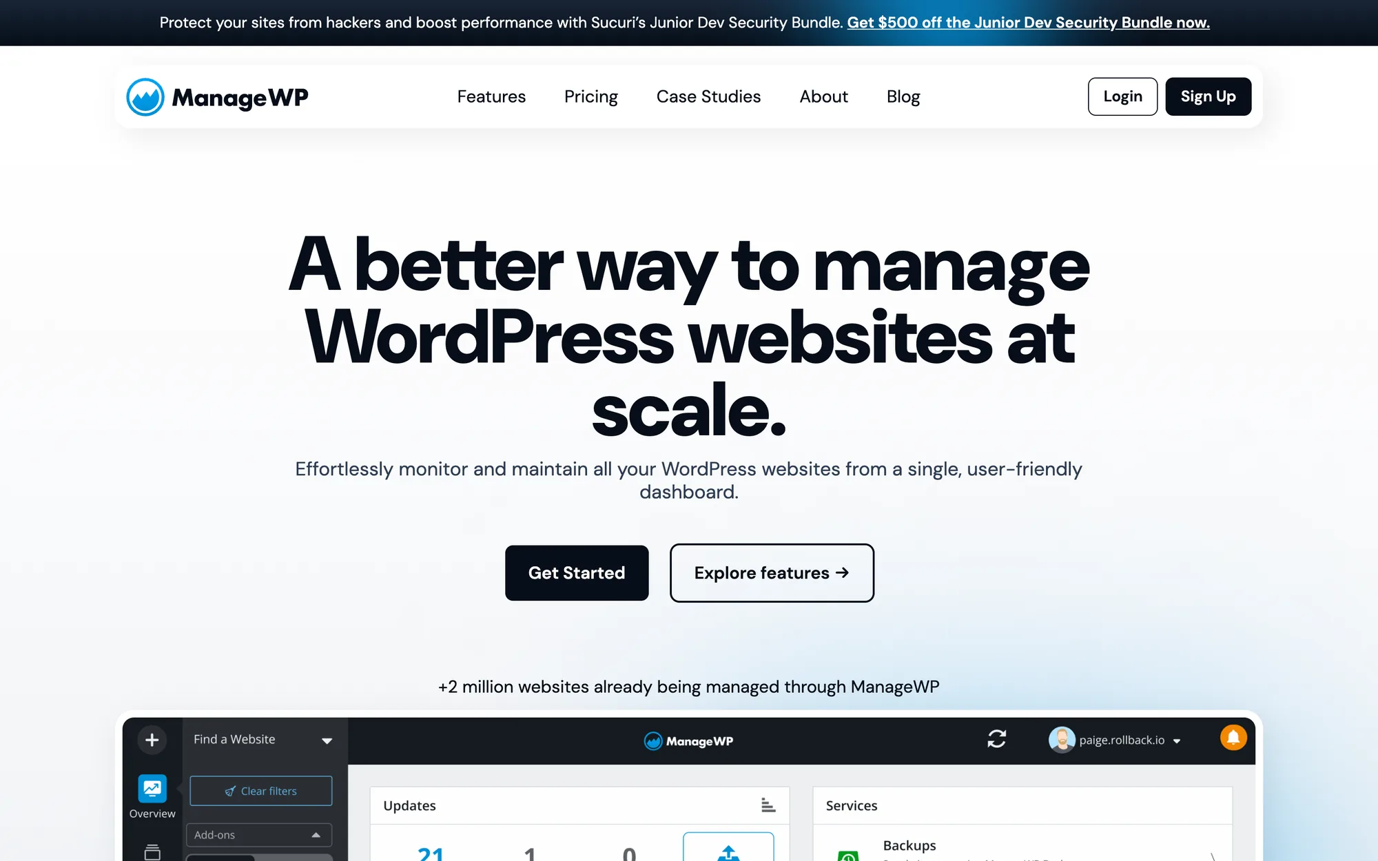 ManageWP's website at managewp.com